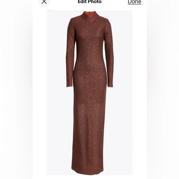 St. John Metallic Fishnet Knit Column Gown,sz S, New, Bronze